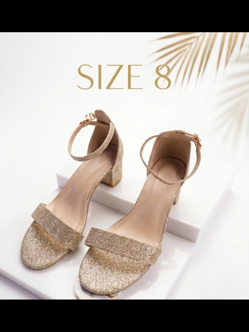 Glitter Ankle-Strap Block Heel Sandals in Gold